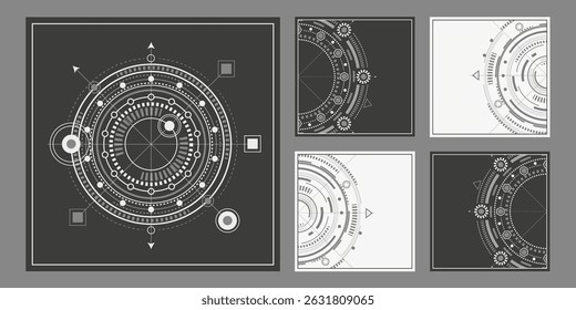 Ideias e inovações em engenharia. Desenho técnico. Antecedentes tecnológicos . Ilustração vetorial .