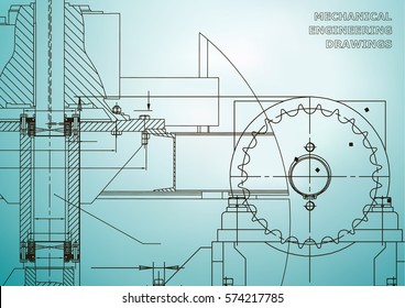 Engineering illustrations. Blueprints. Mechanical drawings. Technical Design. Banner. Light blue