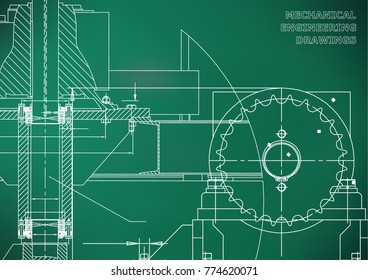 Engineering illustrations. Blueprints. Mechanical drawings. Technical Design. Banner. Light green background
