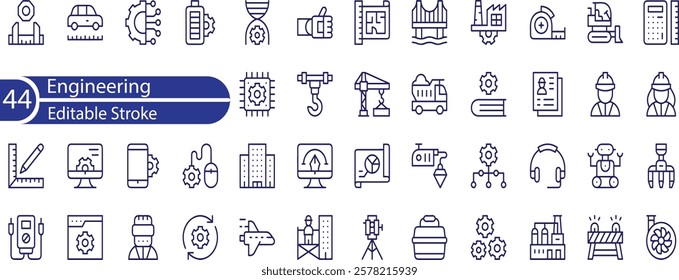 Engineering Income Line Editable Icons set. Vector illustration in modern thin line style of technologies related icons , blueprint, engineer, manufacturing, and more