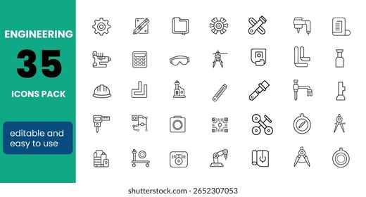 Linha de Receita de Engenharia Conjunto de ícones editáveis. Ilustração vetorial no estilo de linha fina moderna de tecnologias relacionadas ícones: projeto, engenheiro, fabricação e muito mais. Pictogramas e infográficos.