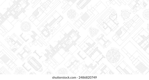 Engineering industrial background from technical drawing elements. Horizontal light backdrop for engenering, industrial, technology or automation conceptual design.