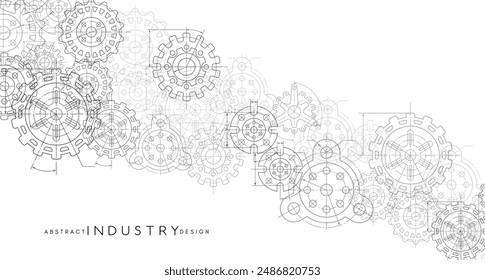 Engineering industrial background from technical drawing elements. Horizontal light banner for engenering, industrial, technology or automation conceptual design.