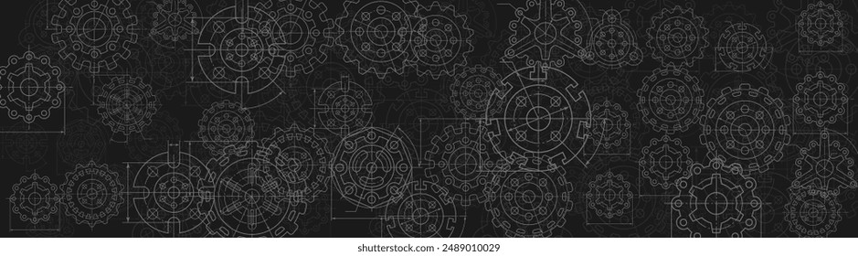 Engineering industrial background from technical drawing elements. Horizontal dark backdrop for engenering, industrial, technology or automation conceptual design.