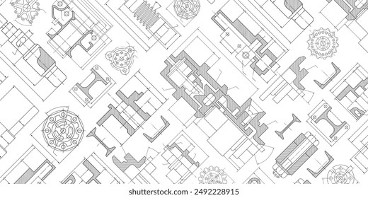 Antecedentes industriales de ingeniería de Elementos de dibujo técnico. Anuncio Horizontal para diseño conceptual de ingeniería, industrial, tecnología o automatización.