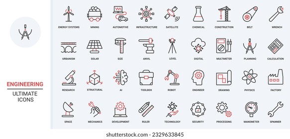 Engineering, industry and energy production trendy red black thin line icons set vector illustration. Engineers work, digital infrastructure and construction equipment, solar panel and turbine.