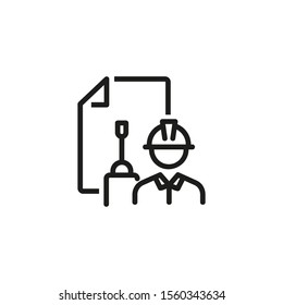 Engineering industry thin line icon. Mechanical engineer, screwdriver, document isolated outline sign. Engineering people concept. Vector illustration symbol element for web design and apps