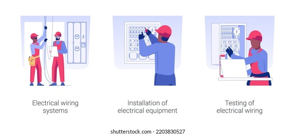 Engineering infrastructure isolated concept vector illustration set. Electrical wiring systems, installation of electrical equipment, wiring testing, energy maintenance vector cartoon.