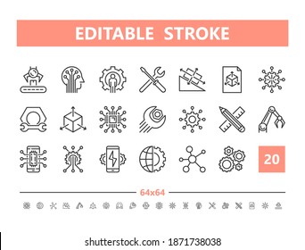 Engineering and innovation 20 line icons. Vector illustration in line style. Editable Stroke, 64x64, 256x256, Pixel Perfect.