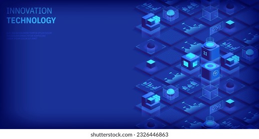 Engineering innovations design. Abstract technology background. Blockchain concept banner. Isometric digital blocks connection with each other crypto chain. Blocks and cubes Vector illustration