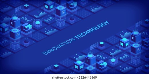 Engineering innovations design. Abstract technology background. Blockchain concept banner. Isometric digital blocks connection with each other crypto chain. Blocks and cubes Vector illustration