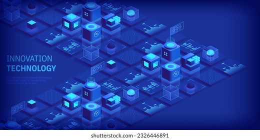 Engineering innovations design. Abstract technology background. Blockchain concept banner. Isometric digital blocks connection with each other crypto chain. Blocks and cubes Vector illustration