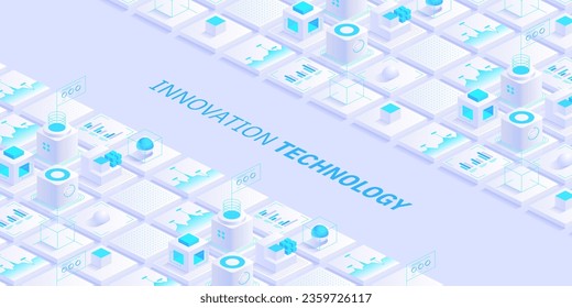 Diseño de innovaciones de ingeniería. Resumen de los antecedentes tecnológicos. Banner de concepto de Blockchain. Los bloques digitales isométricos se conectan entre sí con una cadena criptográfica. Bloques y cubos Ilustración vectorial