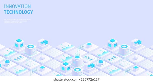 Engineering innovations design. Abstract technology background. Blockchain concept banner. Isometric digital blocks connection with each other crypto chain. Blocks and cubes Vector illustration