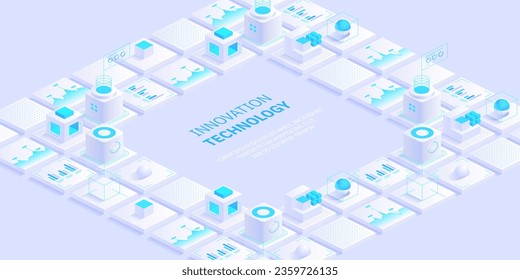 Engineering innovations design. Abstract technology background. Blockchain concept banner. Isometric digital blocks connection with each other crypto chain. Blocks and cubes Vector illustration