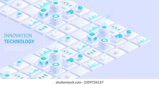 Design für technische Innovationen. Abstrakte Technologie, Hintergrund. Banner für Blockchain-Konzepte. Isometrische digitale Blöcke verbinden sich untereinander mit der Kryptokette. Blöcke und Würfel Vektorgrafik