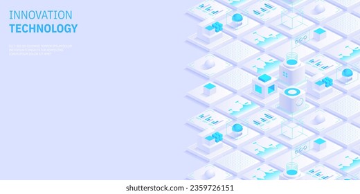Engineering innovations design. Abstract technology background. Blockchain concept banner. Isometric digital blocks connection with each other crypto chain. Blocks and cubes Vector illustration