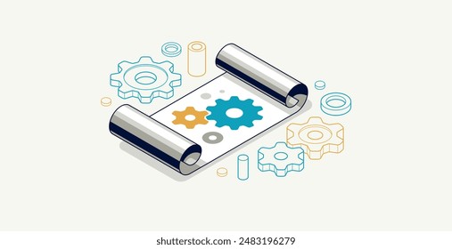 Engineering invention and innovation concept, engineer draft plan and gears 3D isometric illustration, engine draft plan drawing, innovation and research technical scheme blueprint.