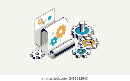 Engineering invention and innovation concept, engineer draft plan and gears 3D isometric illustration, engine draft plan drawing, innovation and research technical scheme blueprint.