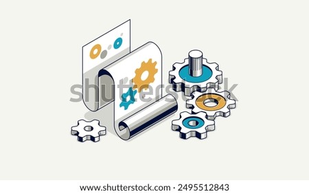 Engineering invention and innovation concept, engineer draft plan and gears 3D isometric illustration, engine draft plan drawing, innovation and research technical scheme blueprint.