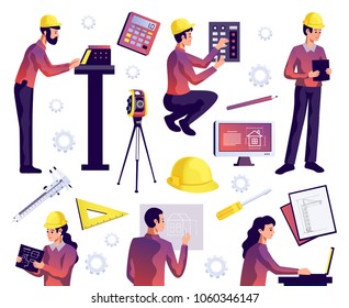 Engineering isolated set of civil construction workers architects and surveyors with special equipment isolated vector illustration