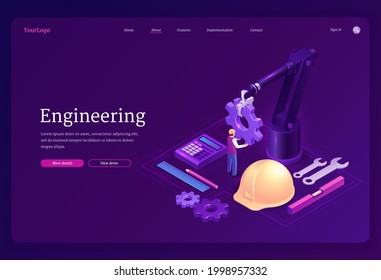 Engineering Isometric Landing Page. Engineer On Robotics Factory With Robot Arm Holding Huge Gear, Create Electronics Production On Blueprint. Automation, Smart Industrial Cyborg, 3d Vector Web Banner