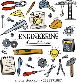 Engineering jobs or profession doodle hand drawn set collections with outline colorful style