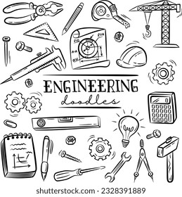 Engineering jobs or profession doodle hand drawn set collections with outline black style