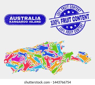 Engineering Kangaroo Island map and blue 100% Fruit Content grunge seal stamp. Bright vector Kangaroo Island map mosaic of productivity units. Blue round 100% Fruit Content stamp.