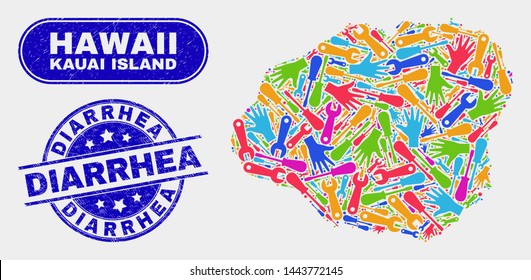 Engineering Kauai Island map and blue Diarrhea scratched stamp. Bright vector Kauai Island map mosaic of machinery. Blue round Diarrhea stamp.