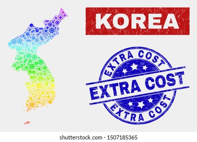 Engineering Korea map and blue Extra Cost textured seal stamp. Spectral gradient vector Korea map mosaic of production items. Blue rounded Extra Cost stamp.