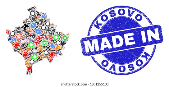 Engineering Kosovo map mosaic and MADE IN textured rubber stamp. Kosovo map mosaic formed from wrenches,wheels,instruments,elements,transports,electricity strikes,details.