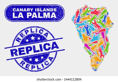 Engineering La Palma Island map and blue Replica grunge seal. Bright vector La Palma Island map mosaic of engineering. Blue rounded Replica seal.