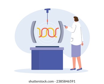 Engineering laboratory technology, with a young female professor testing her development results. Character design. Vector flat illustration