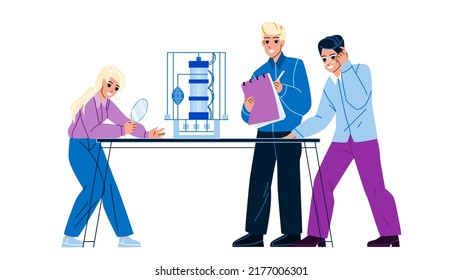 Engineering Laboratory Workers Developing Vector. In Engineering Laboratory Engineers Man And Woman Development And Researching Innovative Technology. Characters Flat Cartoon Illustration