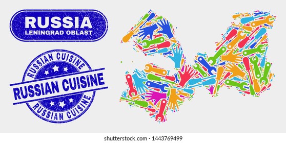Engineering Leningrad Region map and blue Russian Cuisine grunge watermark. Colorful vector Leningrad Region map mosaic of engineering items. Blue rounded Russian Cuisine rubber.