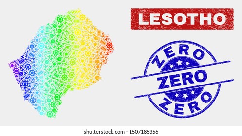 Engineering Lesotho map and blue Zero distress seal stamp. Spectrum gradiented vector Lesotho map mosaic of equipment units. Blue round Zero seal.