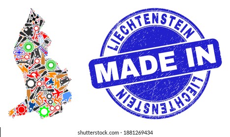 Engineering Liechtenstein map mosaic and MADE IN textured rubber stamp. Liechtenstein map collage composed with wrenches,wheels, tools,components,vehicles,power sparks,details.