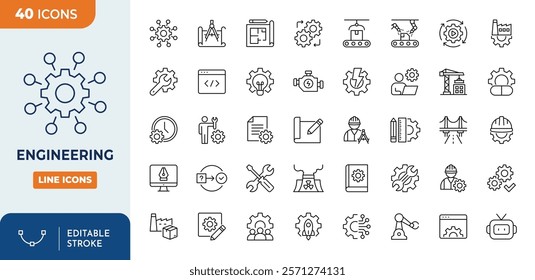 Engineering line editable icon. Containing engineer, blueprint, tools, construction, mechanical, industrial, worker, engine, manufacturing and machinery icons. Vector illustration.