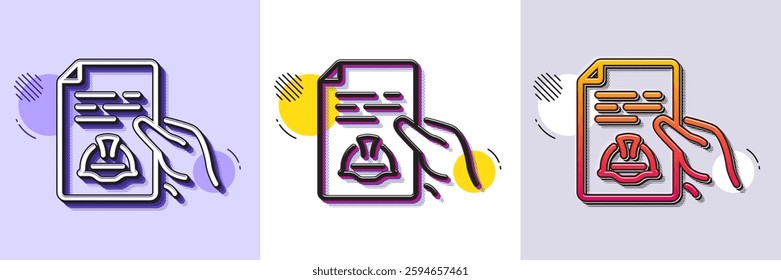 Engineering line icon. Halftone dotted pattern. Gradient icon with grain shadow. Technical documentation sign. Construction helmet symbol. Line technical documentation icon. Various designs. Vector
