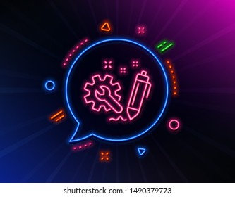 Engineering line icon. Neon laser lights. Cogwheel and Wrench tool sign. Glow laser speech bubble. Neon lights chat bubble. Banner badge with engineering icon. Vector