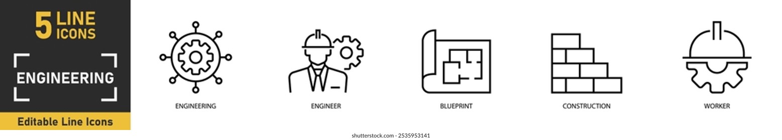 Engineering line icon set. Set of 5 outline icons related to engineering, engineer, blueprint, construction, worker and more. Vector illustration.
