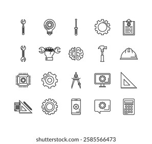 Engineering line icon set. Blueprint, engineer, engineering technology, design, project, production, construction, manufacturing and more. Outline vector icon in linear style.