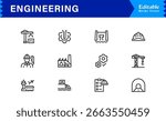 Engineering line icon set featuring clean, editable, pixel-perfect symbols. Includes professional, modern, and minimal designs tailored for precision-driven industries.