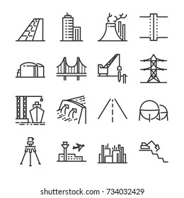 Engineering line icon set. Included the icons as building, dam, industrial, silo, power plant, estate and more.