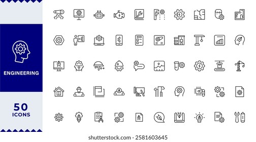 Engineering line icon set. Engineering Income Line Editable Icons set.Blueprint, engineer, engineering technology, design, project, production, construction, manufacturing Editable stroke.