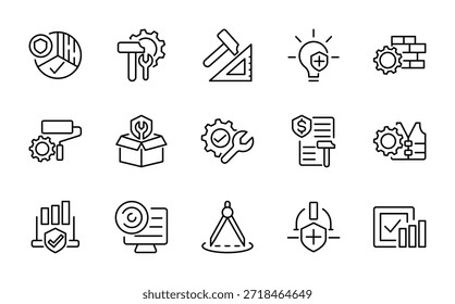 Conjunto de iconos de línea de ingeniería. Administración, negocio, organización, finanzas, transparente, fabricación, conjunto de iconos de línea dura. Ui paquete de iconos de línea delgada.