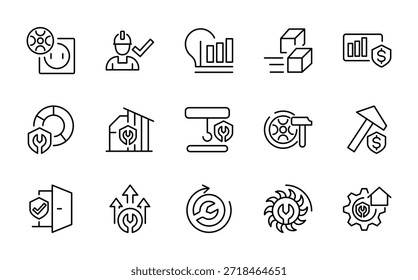 Conjunto de iconos de línea de ingeniería. Administración, negocio, organización, finanzas, transparente, fabricación, conjunto de iconos de línea dura. Ui paquete de iconos de línea delgada.