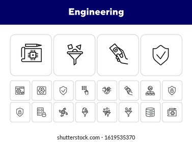 Engineering line icon set. Set of line icon on white background. Technology concept. Security, fuel, machine. Vector illustration can be used for topics like progress, industry
