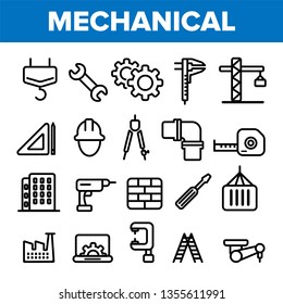 Engineering Line Icon Set Vector. Technician Design. Machinery Engineering Icons. Industrial Factory Production. Thin Outline Web Illustration